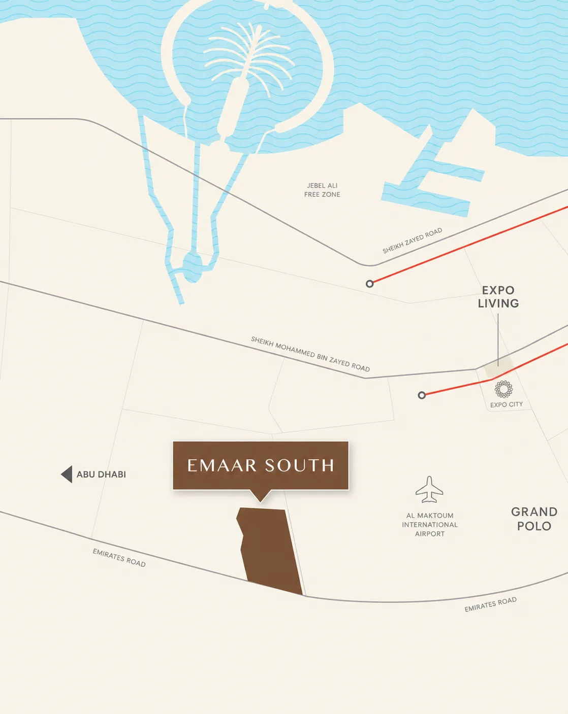 Map positioning Lunaya near Sheikh Zayed Road and major destinations in the Jebel Ali growth corridor